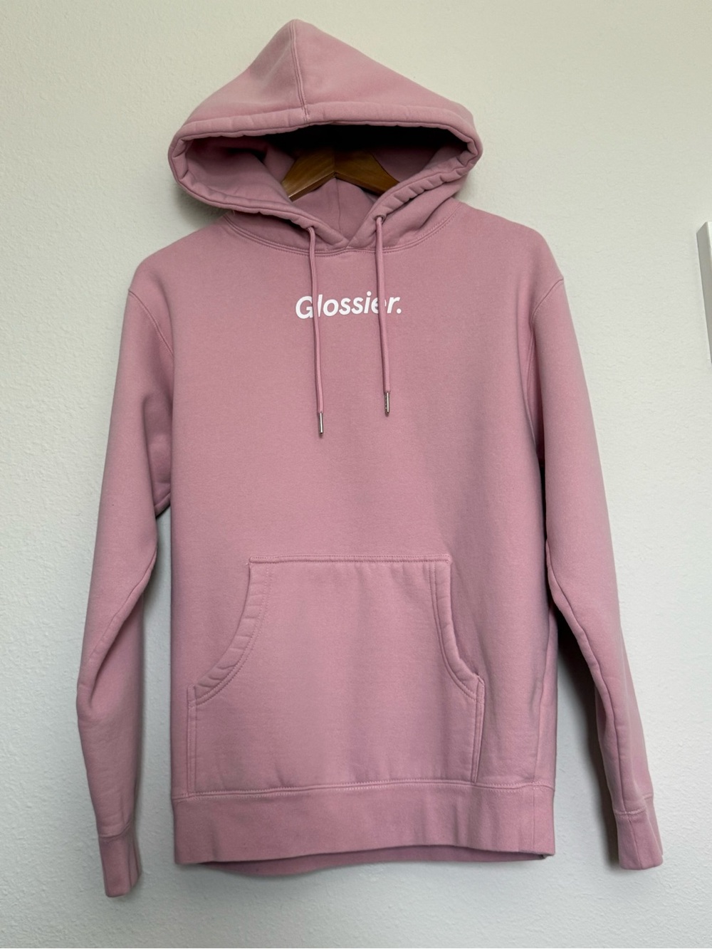 Glossier Original Pink Hoodie Pullover Sweatshirt Spell Out Logo Women Size S